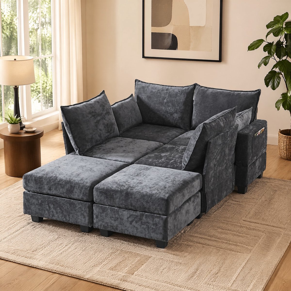STILVORA U-Bank 289,6 x 141 x 87,6 cm - Modulair Met Opbergruimte En Slaapfunctie - Voor Woonkamer - Chenille Grijs