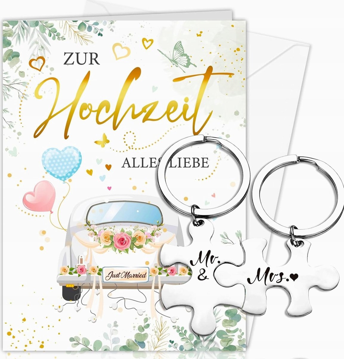 Huwelijkskaart met sleutelhangers: Cadeau voor bruidspaar