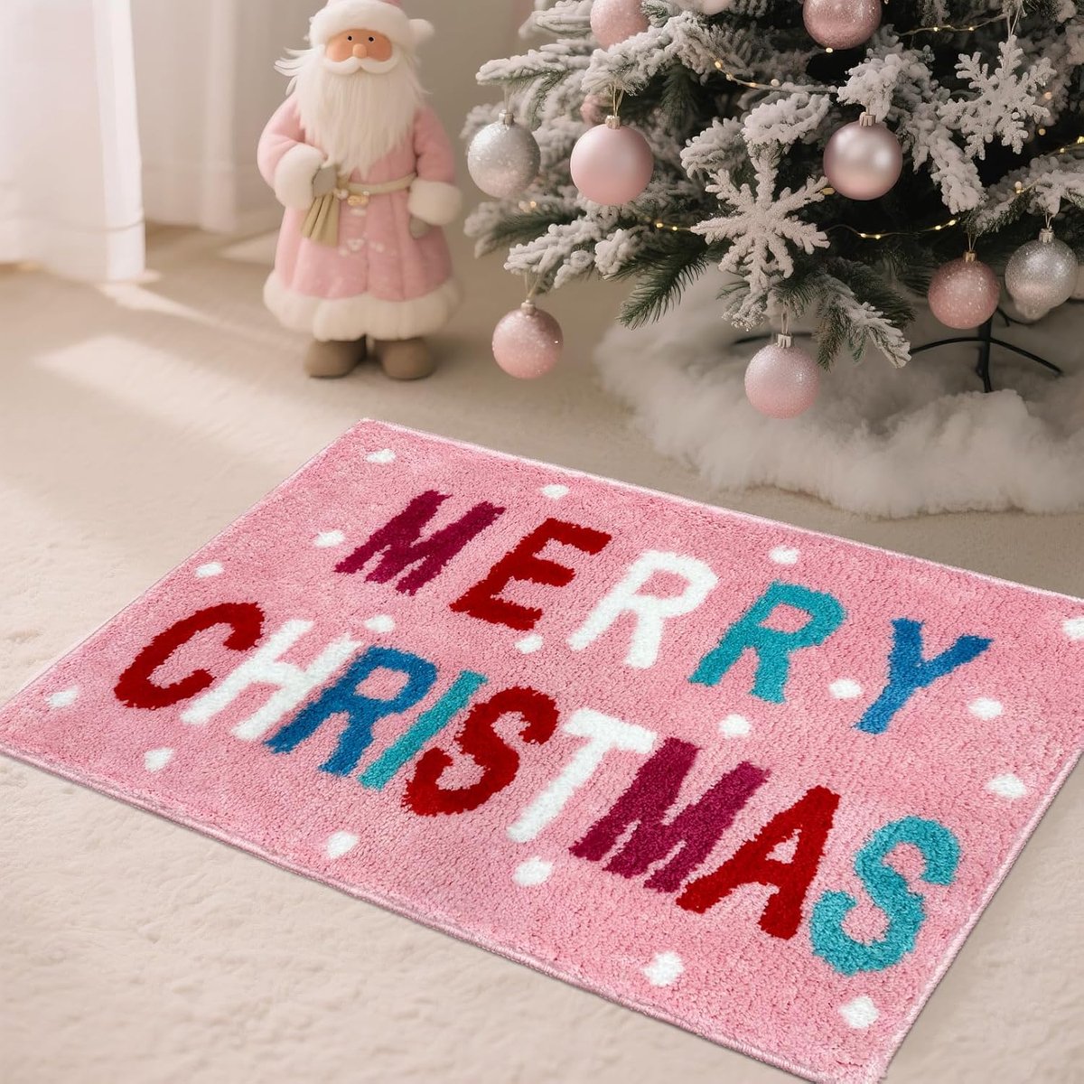 Badmat kerst 80x50cm - roze tufted - antislip - ideaal voor woonkamer of badkamer - ShopVlot