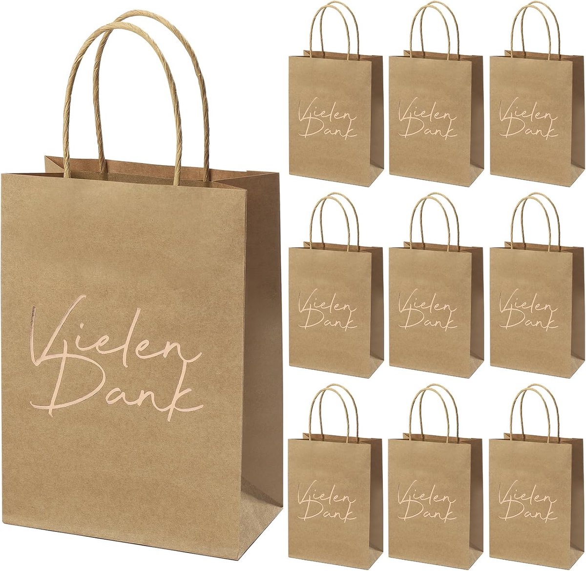 Papieren zakken met handvat 21x15x8 cm - kraftpapier - rozengoudfolie - voor bijzondere bedankjes - ShopVlot