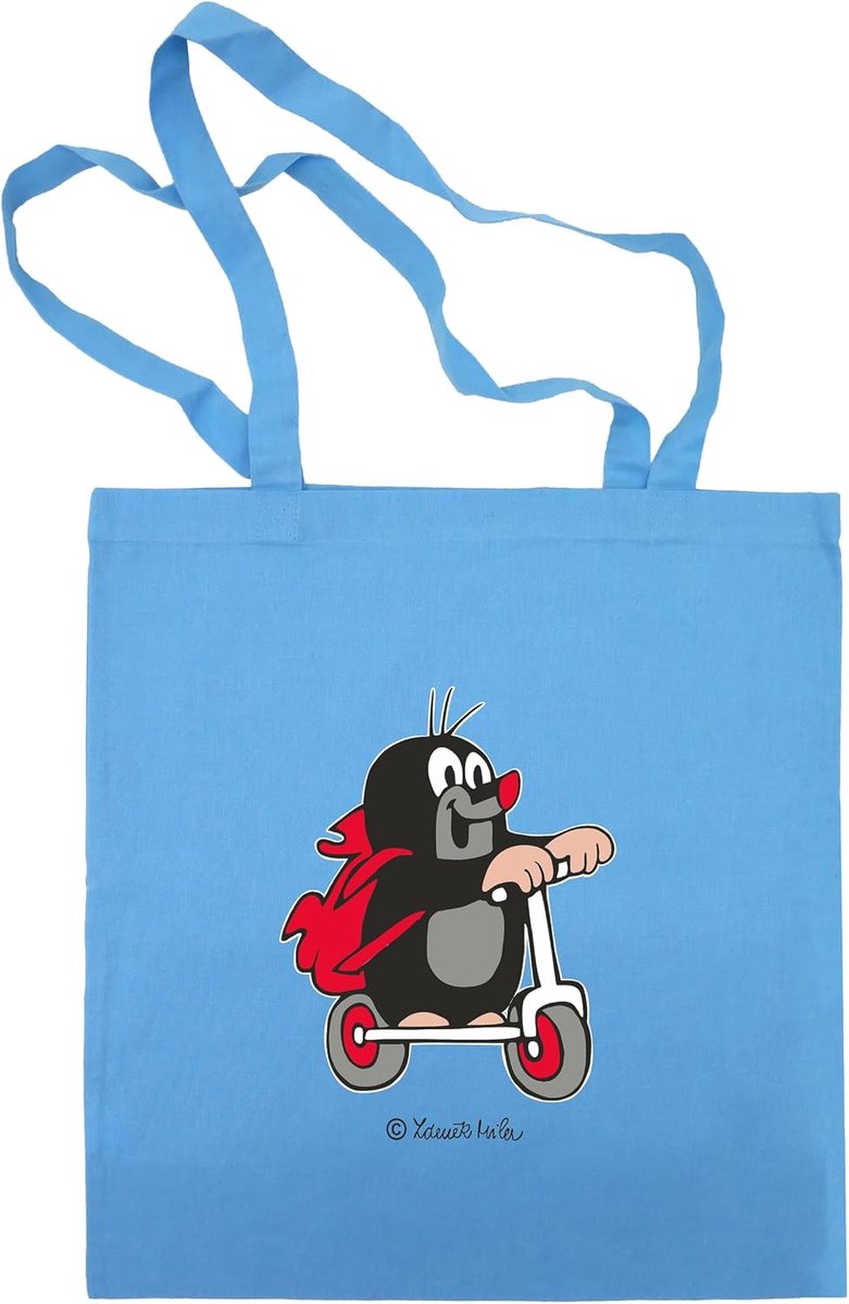 Katoenen boodschappentas met handvat 42 x 38 cm - originele De Kleine Mol en Scooter - blauw - ideaal voor kinderen - ShopVlot