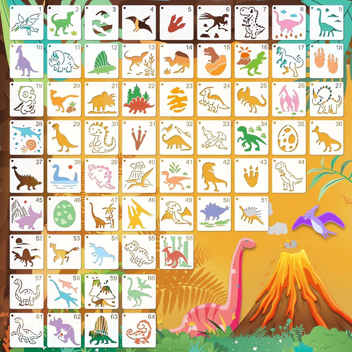Dinosaurussjablonen 64 stuks - kleine sjablonen voor ambachten - herbruikbaar - stimuleert creativiteit - ShopVlot
