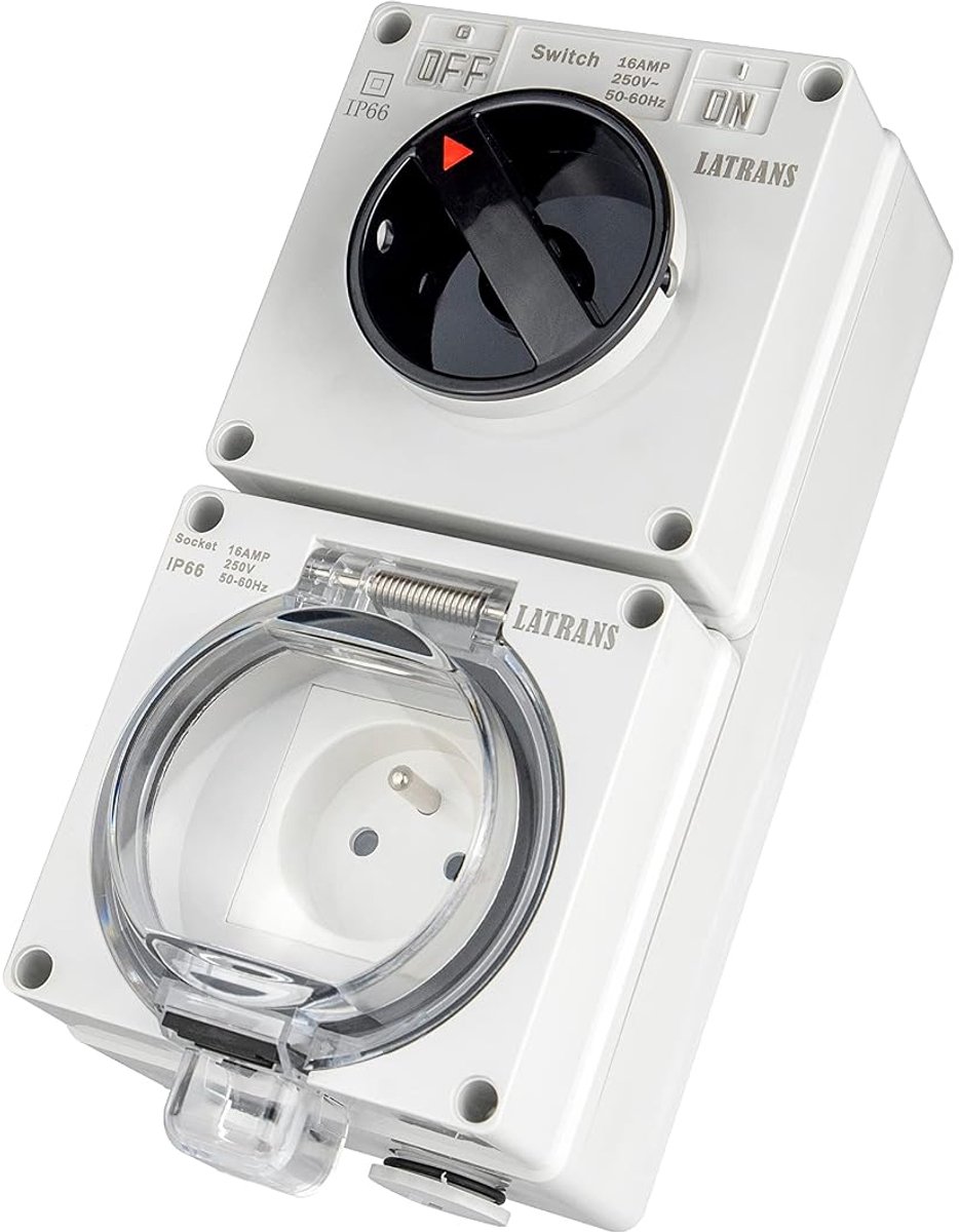 Waterdichte wandcontactdoos IP66 - 1-gang Frans - met aan/uit knop - ideaal voor natte ruimtes - ShopVlot