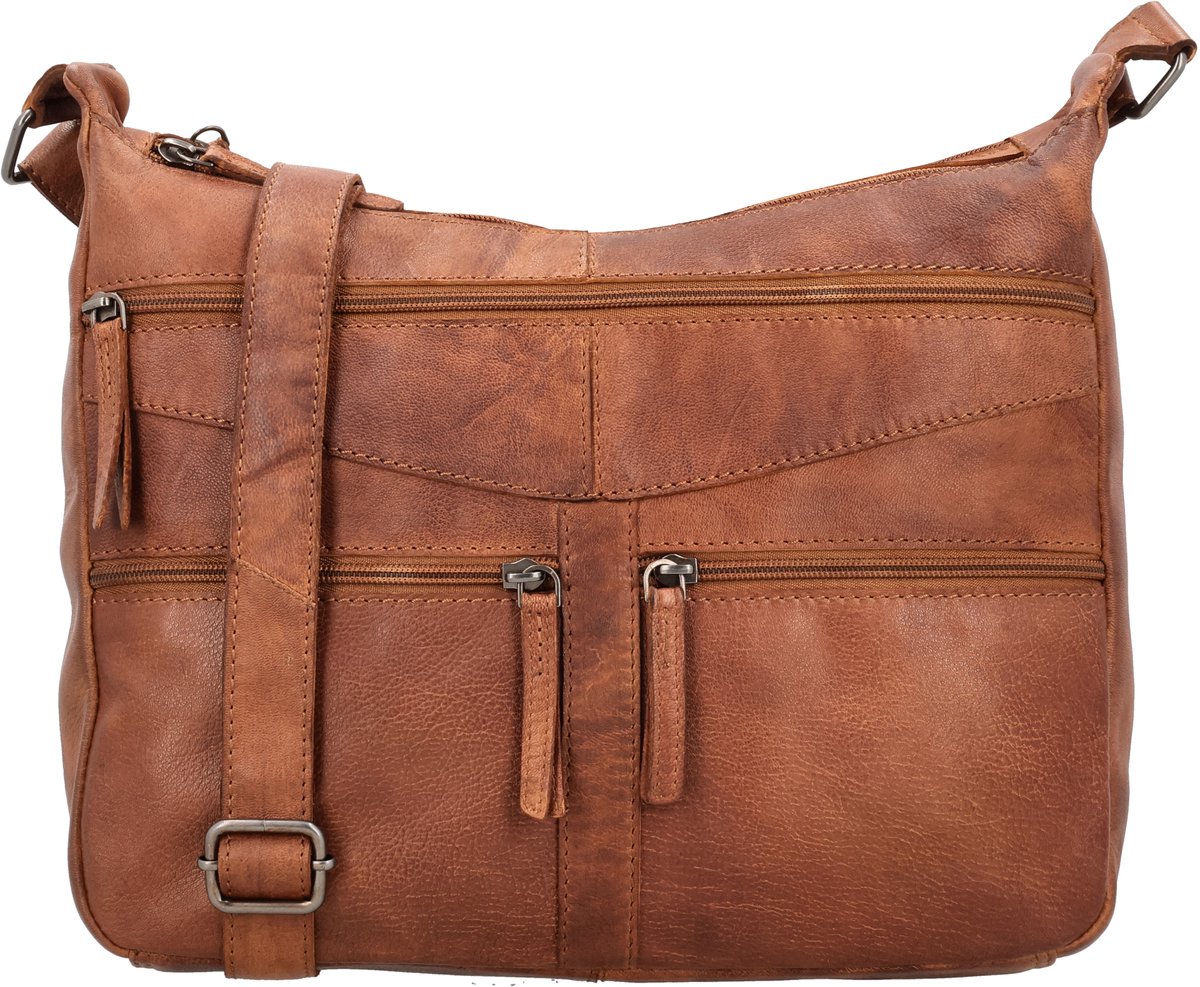 Beagles Maspalomas Crossbodytas - Leren Schoudertas - Damestas - Twee Hoofdvakken - Meerdere Ritsvakken - Telefoonvak - Verstelbare Schouderband - Leren Dames Tas - Cognac