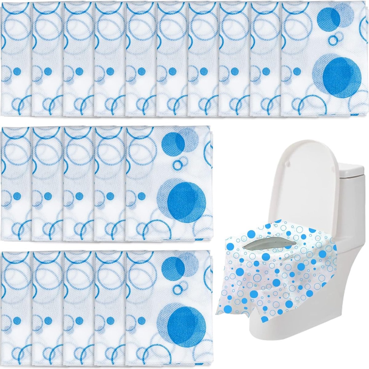 longziming - Toiletzittinghoes - Toiletbrilhoes - Reis Toiletbrilbeschermer - Waterdichte PE-membraan - Extra Grote 65x60cm Afmeting - Niet-geweven Stof - Wit-blauwe Print - Compact Ontwerp - Hotels Camping Openbare Toiletten - 20 Stuks