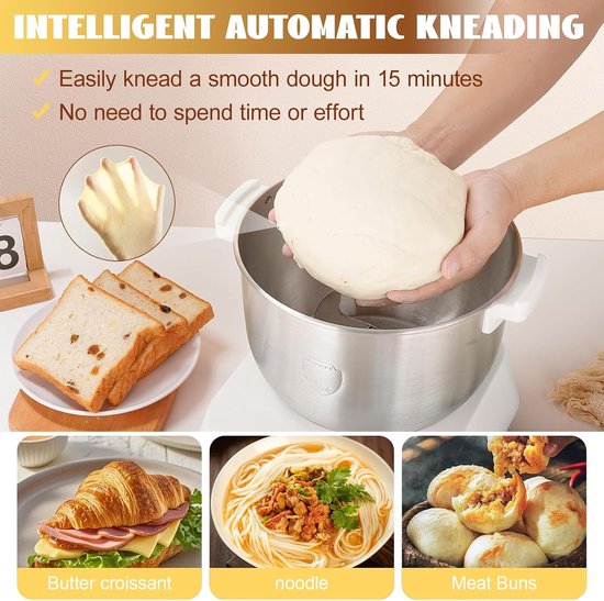 Elektrische Deegmachine 7L - Automatische Deegkneder 200W - Deeg Mixer met Fermentatiefunctie 28-40°C - RVS Mengkom - Touch Bediening - Voor Pizza, Brood & Bakken — afbeelding 2