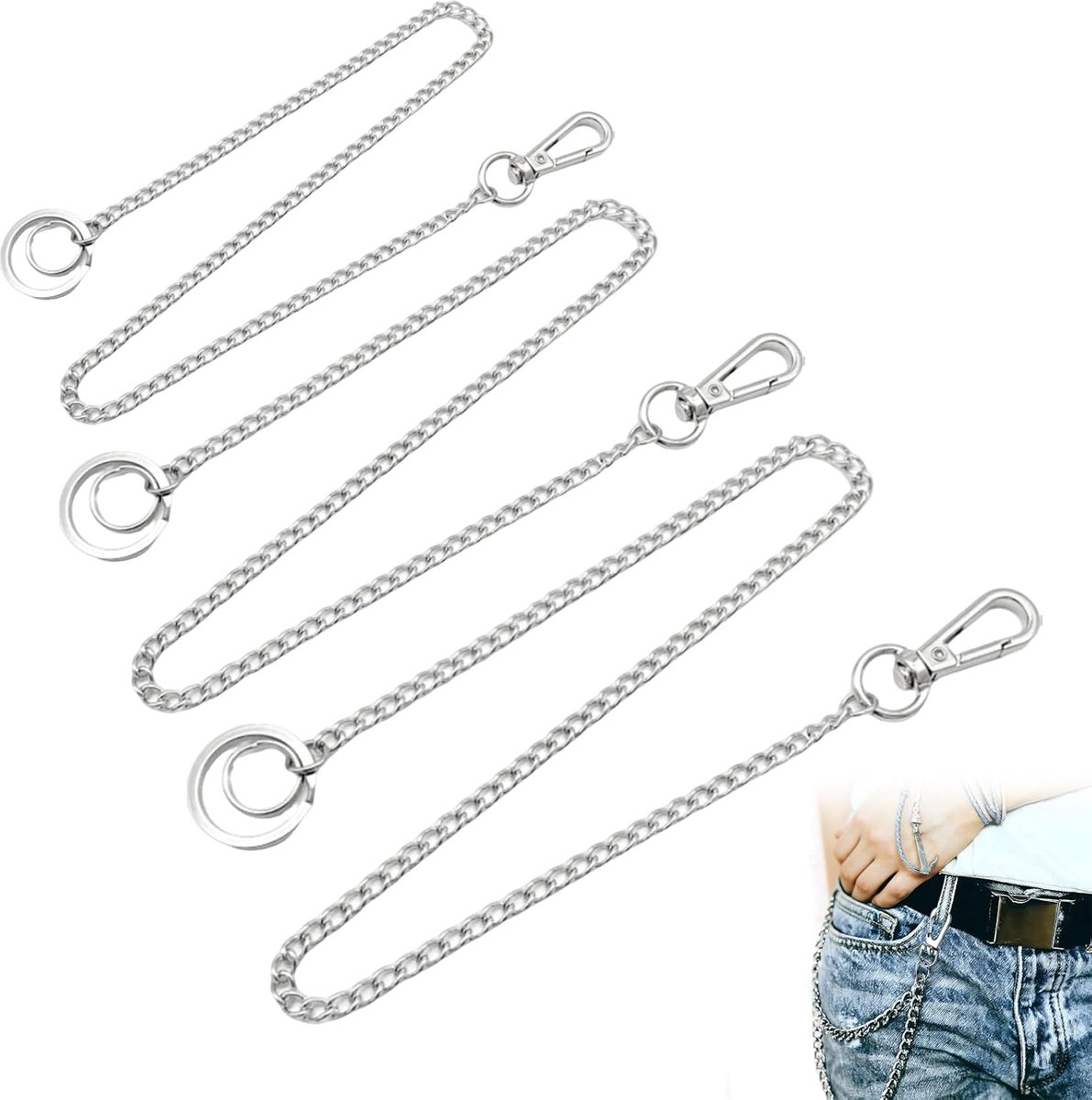 Broekketting Sleutelhanger voor Heren - Set van 3 lange RVS portemonneekettingen - met karabijnhaak - ShopVlot