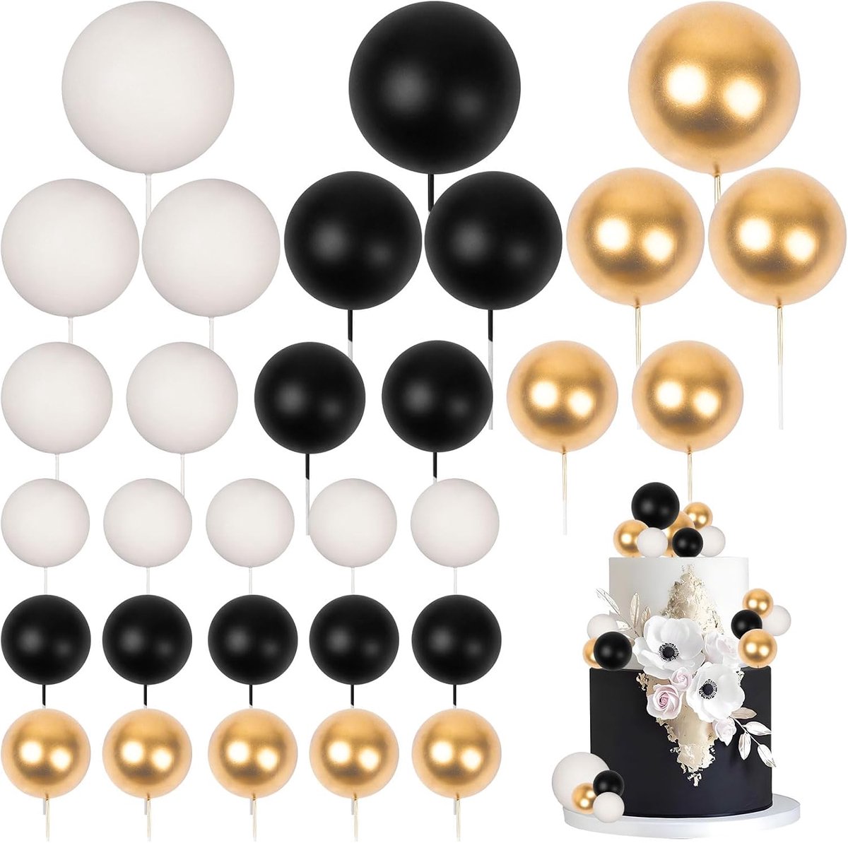 Cake decoratie ballen 30 stuks - Wit, zwart en goud - Foam ballen - Perfect voor verjaardagstaart - ShopVlot