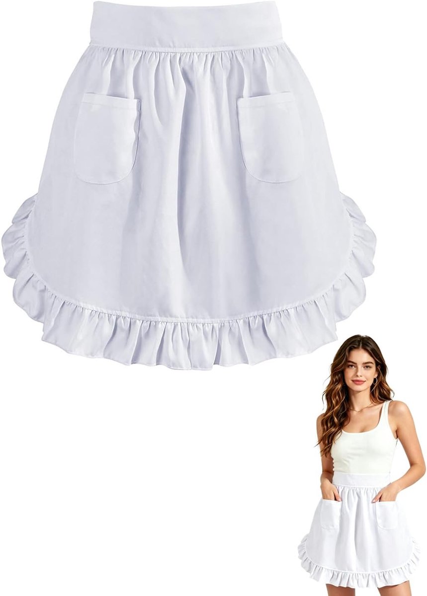 Keukenschort wit met ruches - eenheidsmaat - vintage stijl - elegant voor koken - ShopVlot