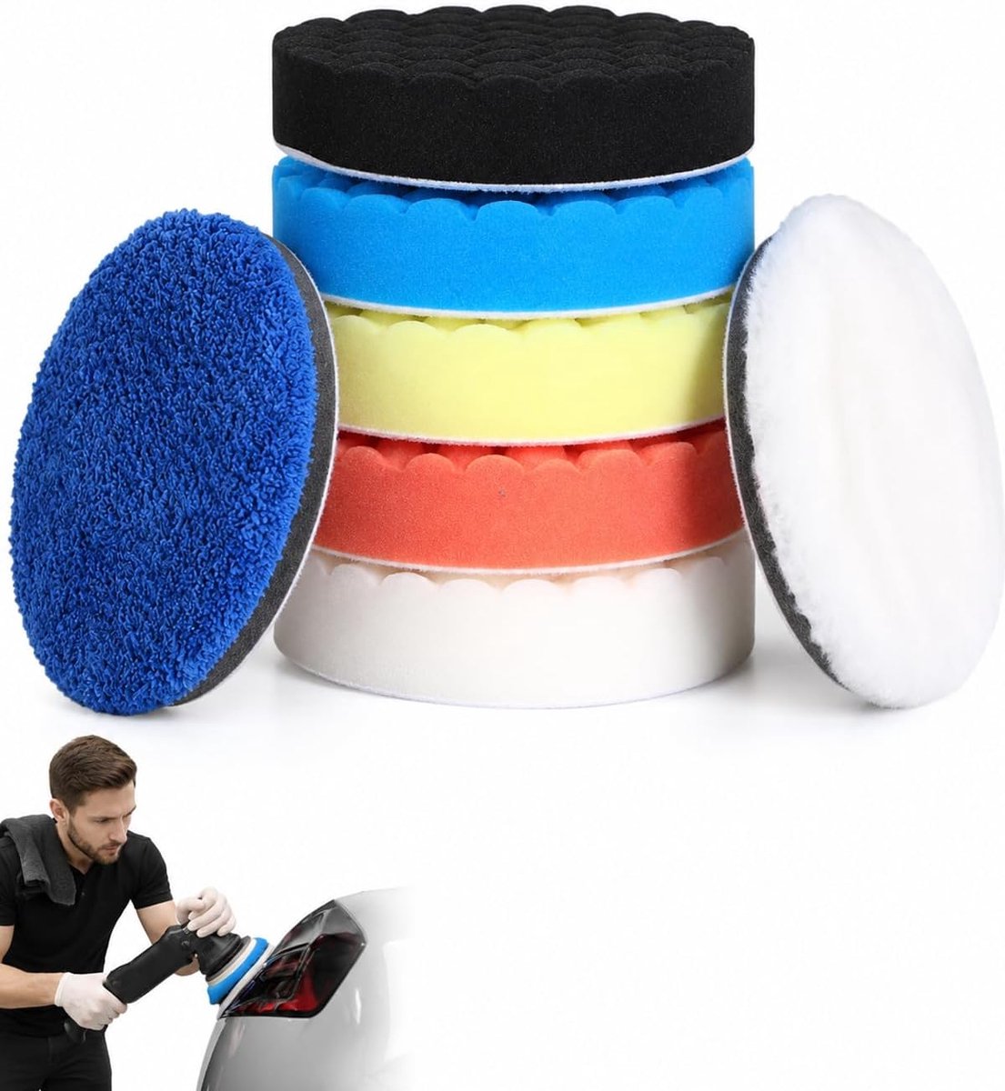Polijstpads set 125 mm - 7-delig - schuimrubber en microvezel - voor professionele lakverzorging - ShopVlot