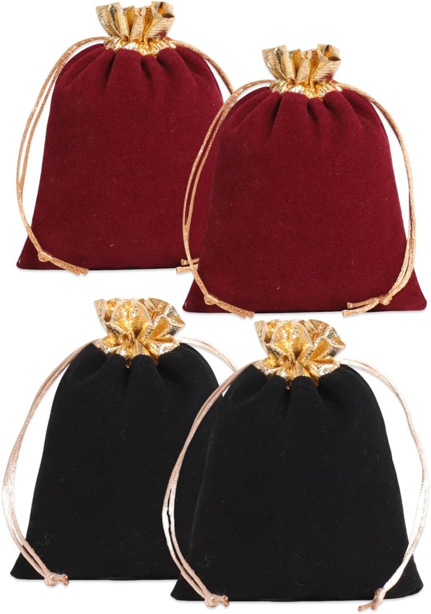 Fluwelen zakjes 4 stuks - zwart en bordeaux - met gouden rand - ideaal voor geschenken - ShopVlot