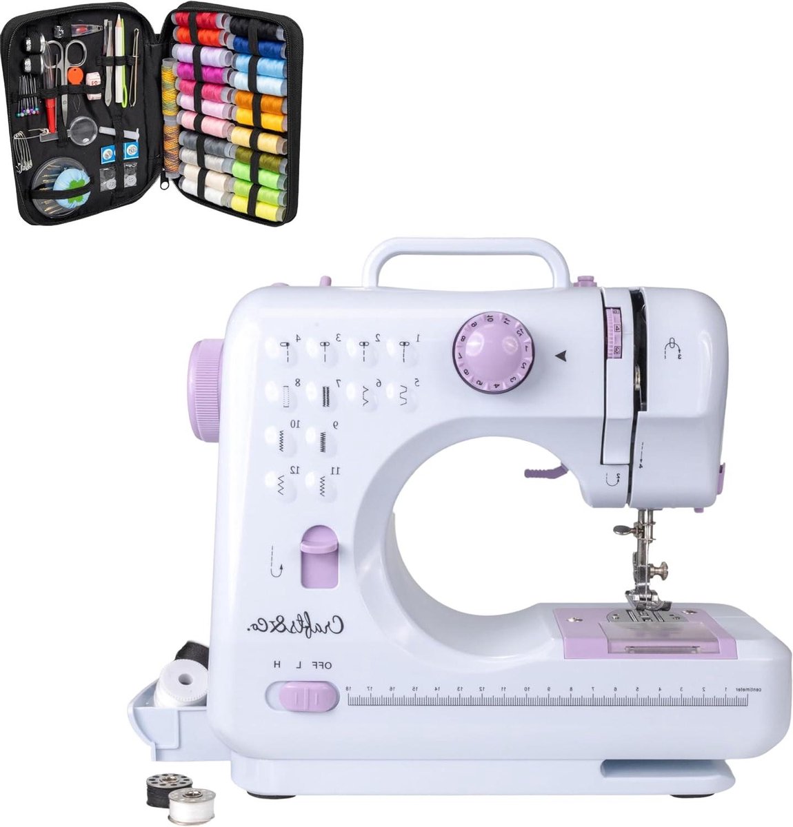 Naaimachine & Set - Hobby Naaien - Beginners Starten - 12 Steken Functies - 24 Kleuren Garen - Wit Lilac