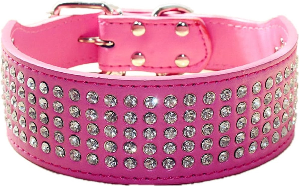 Hondenhalsband rhinestone 5cm breed - PU leer - 5 rijen sprankelende kristallen - ShopVlot