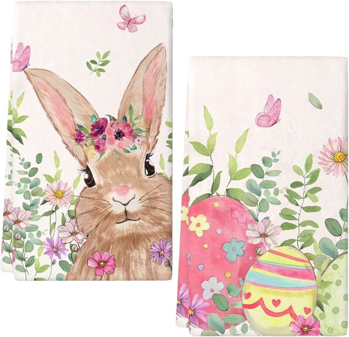 Keukenhanddoek Pasen 2 Stuks - Katoen - Bloemen en Konijn - Voor keukenreiniging - ShopVlot