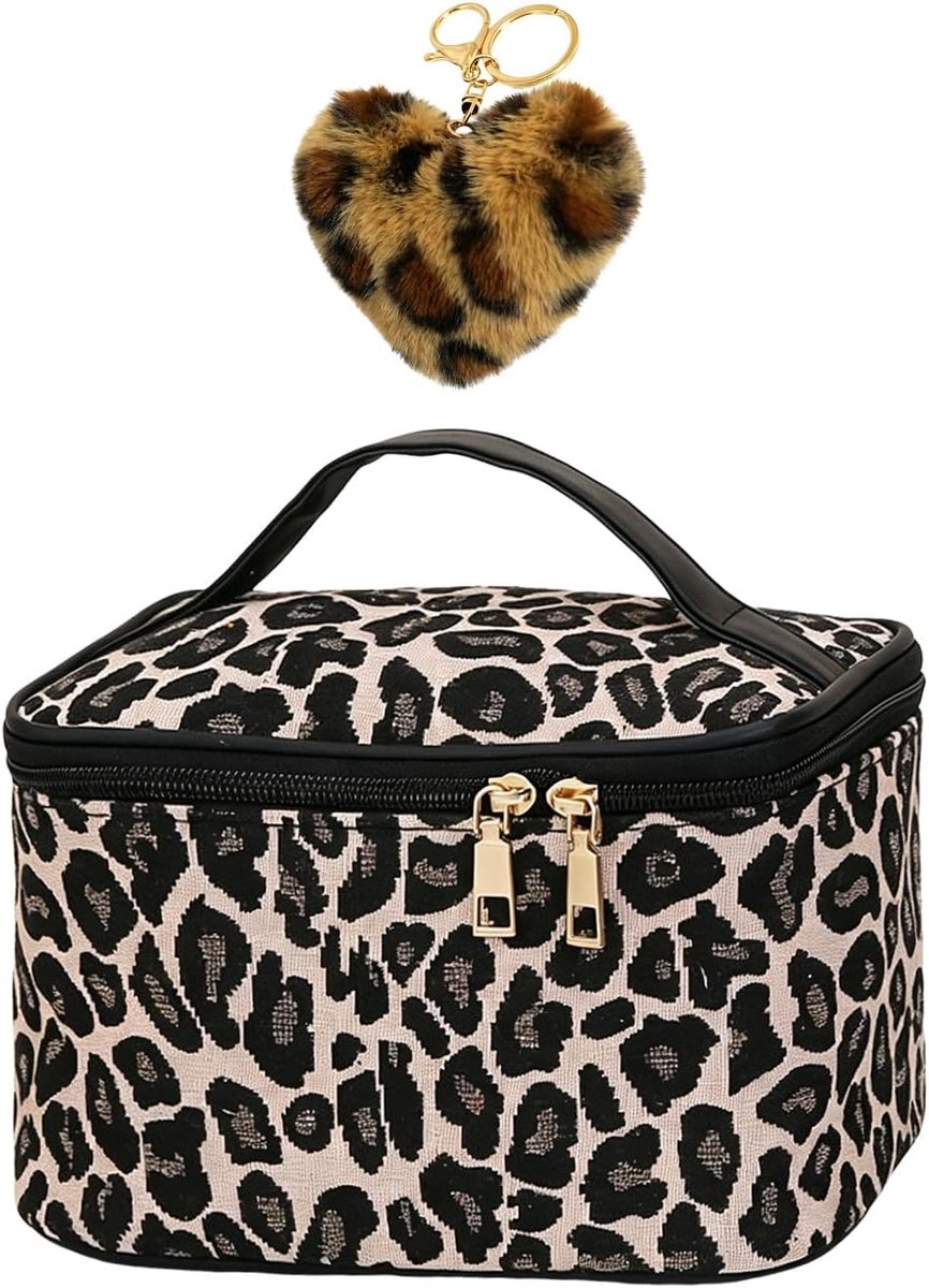 Cosmetische tas luipaardprint - pluche sleutelhanger - draagbaar voor reizen - perfecte opslag voor cosmetica - ShopVlot