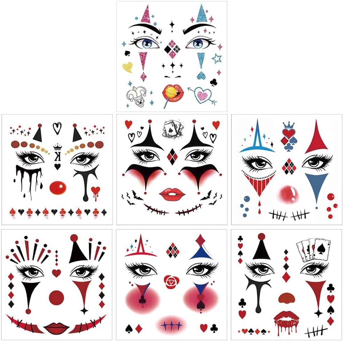 Face tattoo stickers set - clown ontwerpen - rood en wit - perfect voor carnaval - ShopVlot