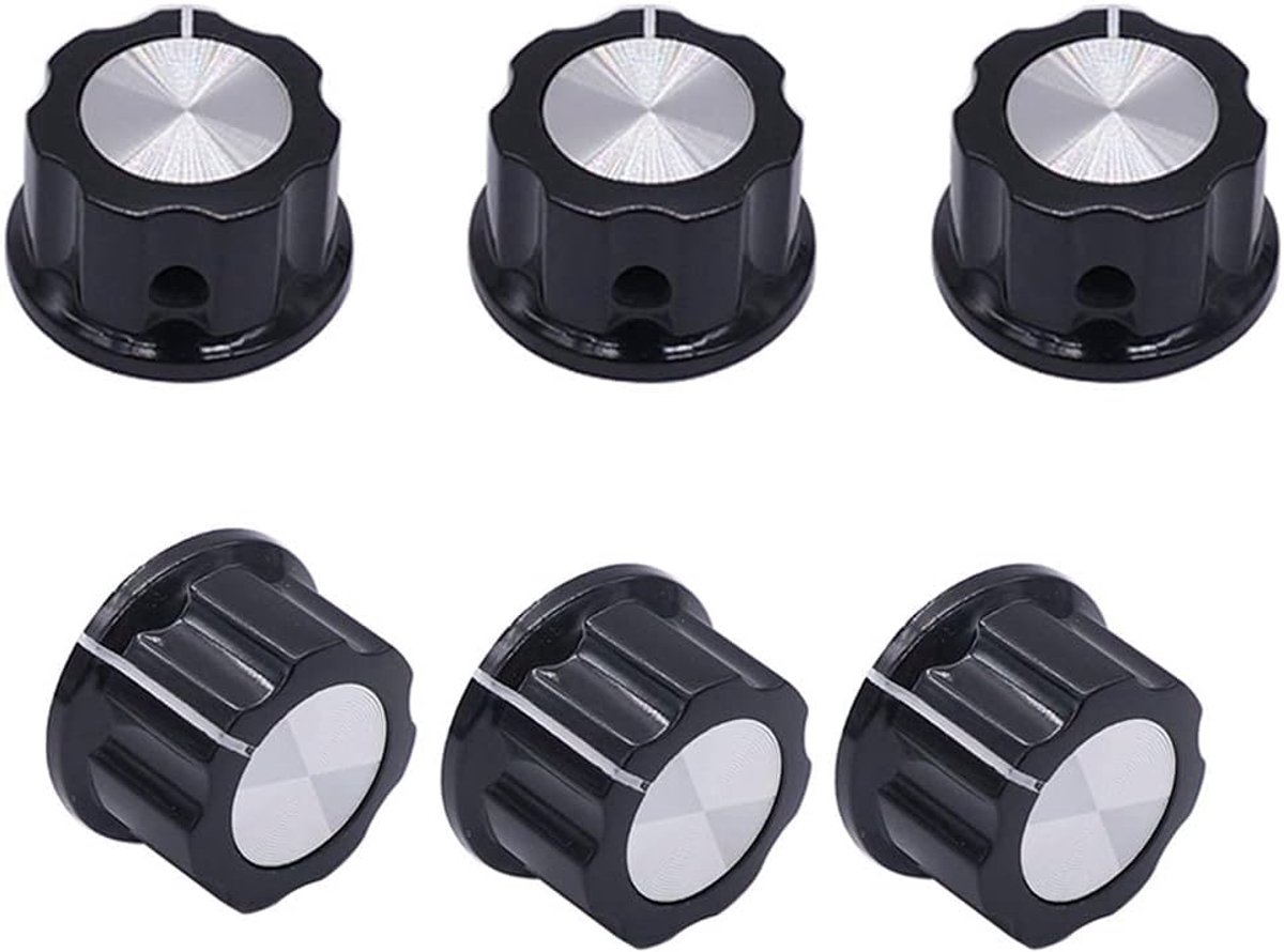 SnelShoppen - 6 Stuks Zilverkleurige Draai Knoppen voor Potentiometer 6.4mm As, 23mm Diameter, Ideaal voor Geluidsinstallaties en Elektronische Appara