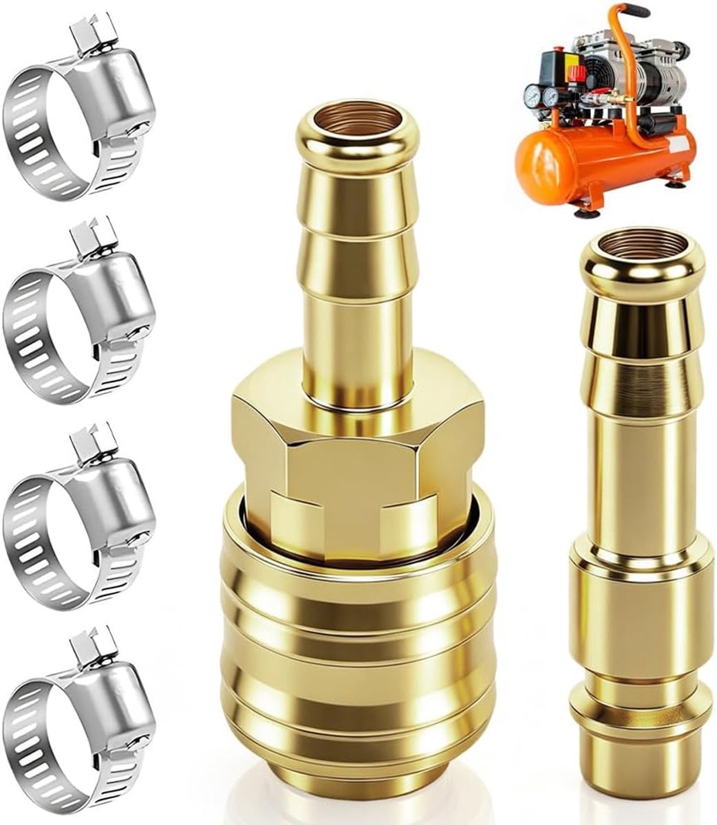 persluchtkoppelingsset 6 stuks - messing 10 mm - met slangklemmen - snelle aansluiting van luchtleidingen - ShopVlot