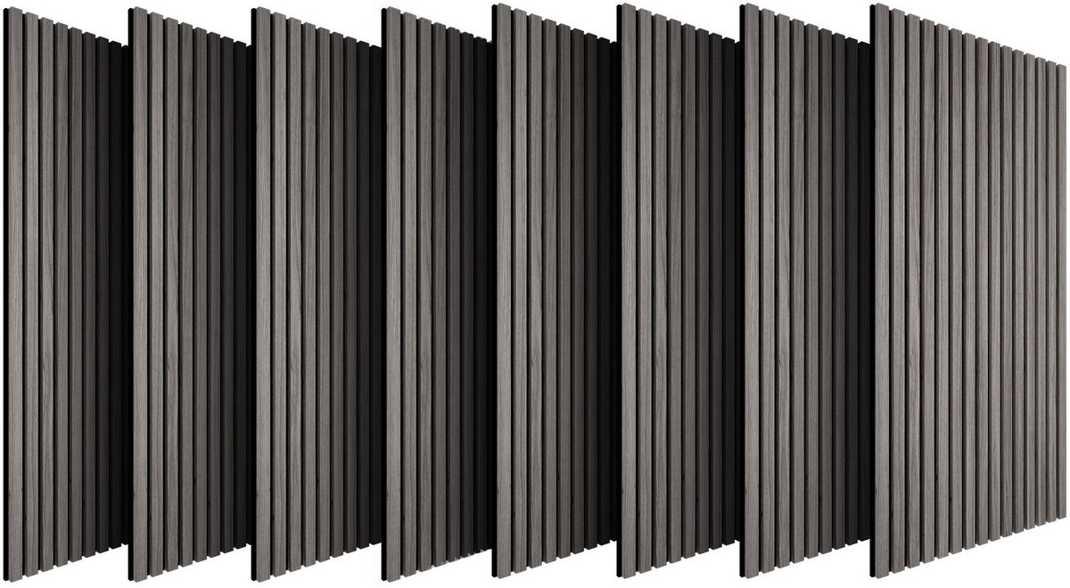 tectake® Akoestische Panelen - Set van 8 - Akoestisch Wandpaneel - 50 x 110 cm - 1,1 cm dik - 4,4 m² - Wandpanelen - Aanpasbare Grootte - Lattenwand - MDF - Houtfineer - Geluidsisolatie - Stijlvolle Wanddecoratie - Eenvoudige Montage - Eik Lichtgrijs