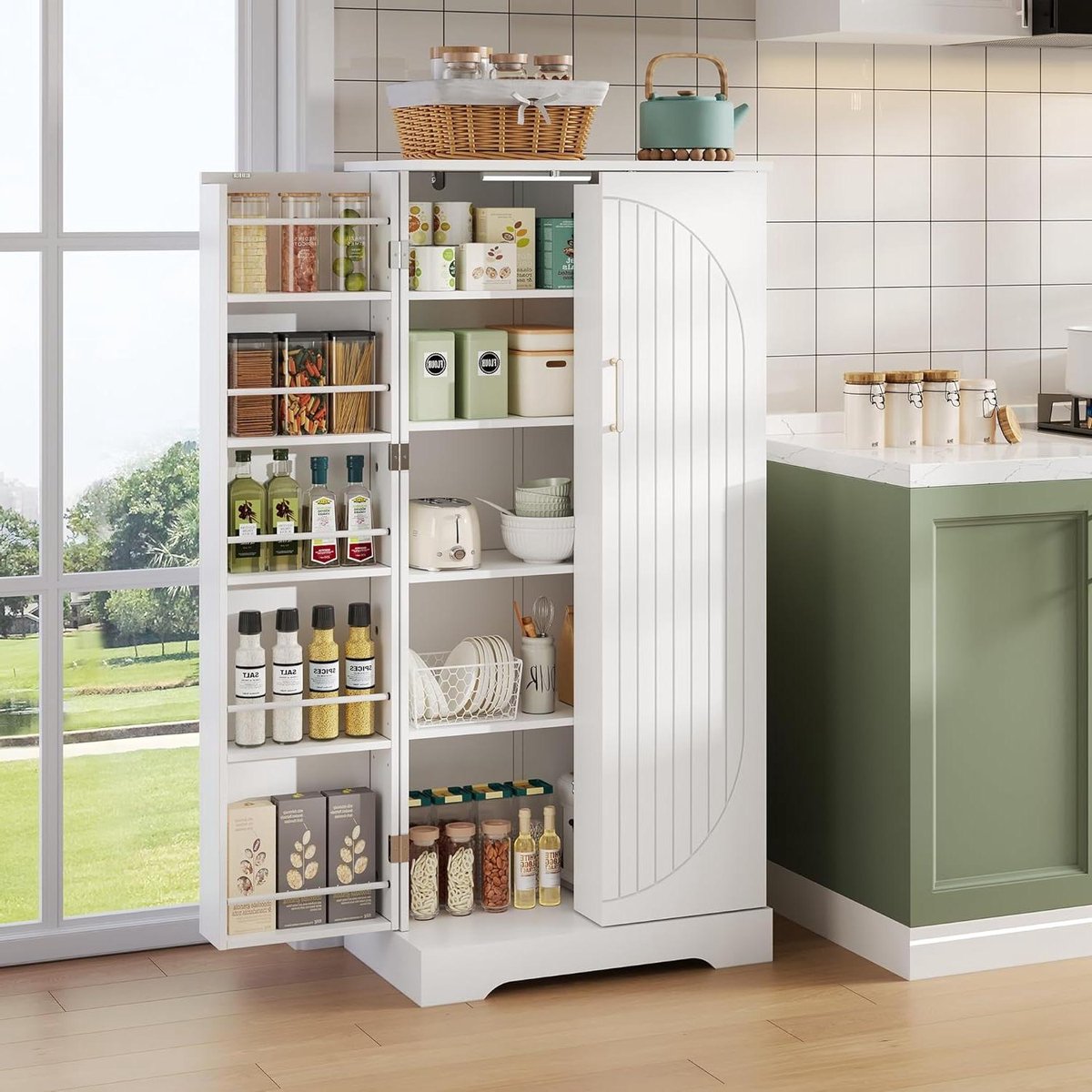 Keukenkast met Ledverlichting - Buffetkast Voorraadkast - Keuken Opbergen - Landelijke Stijl - 1285 cm - Wit