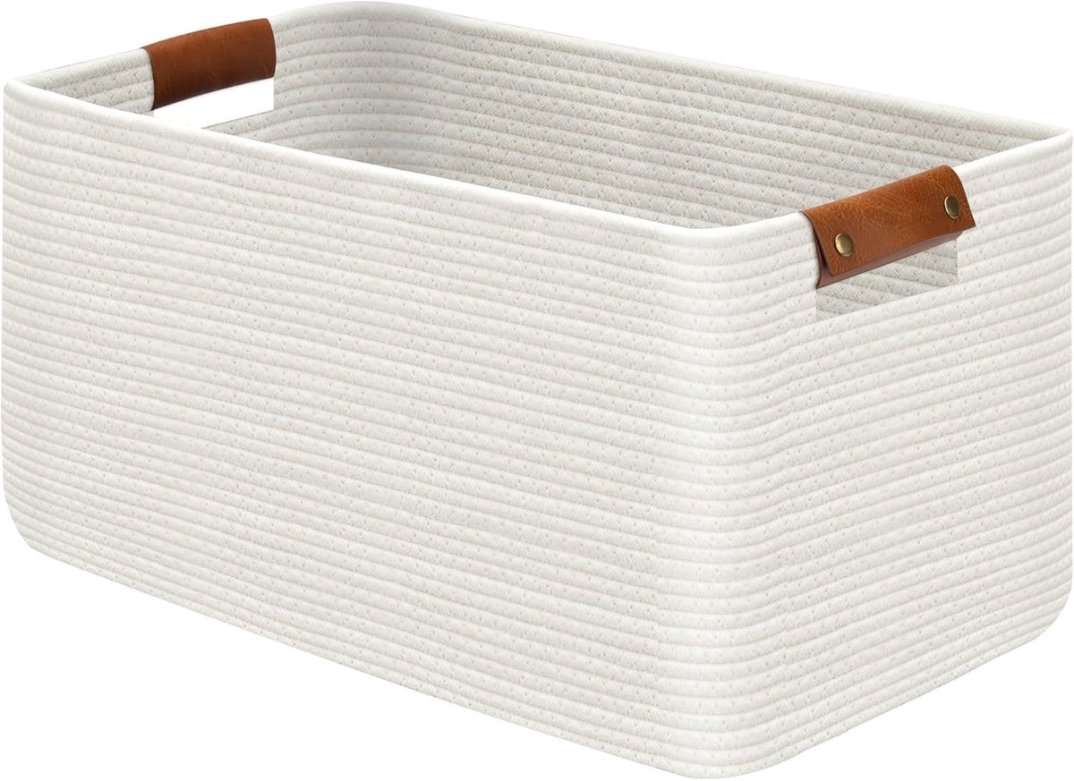 Wasmand groot 55 x 15 x 30cm - Vouwbaar katoen - Decoratief met leren handvatten - Ideaal voor speelgoed - SnelShoppen