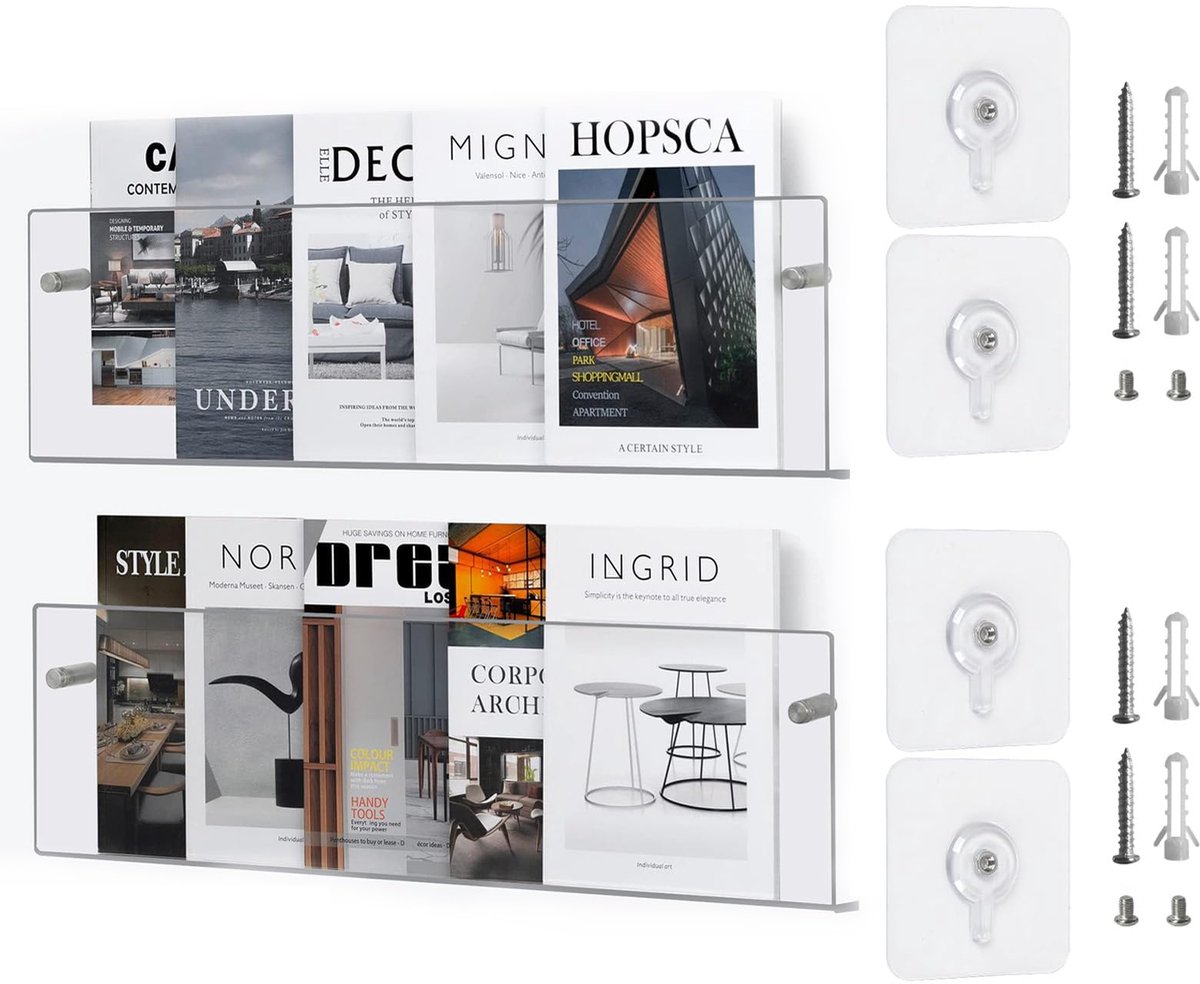 Set van 2 Transparante Acryl Wandrekken - Wandmontage Tijdschriftenhouder en Boekenrek - Opbergplank voor Tijdschriften, Brochures, Boeken en Documenten - Moderne Displayhouder voor Wachtkamer, Woonkamer, Kantoor en Thuis - Helder Design
