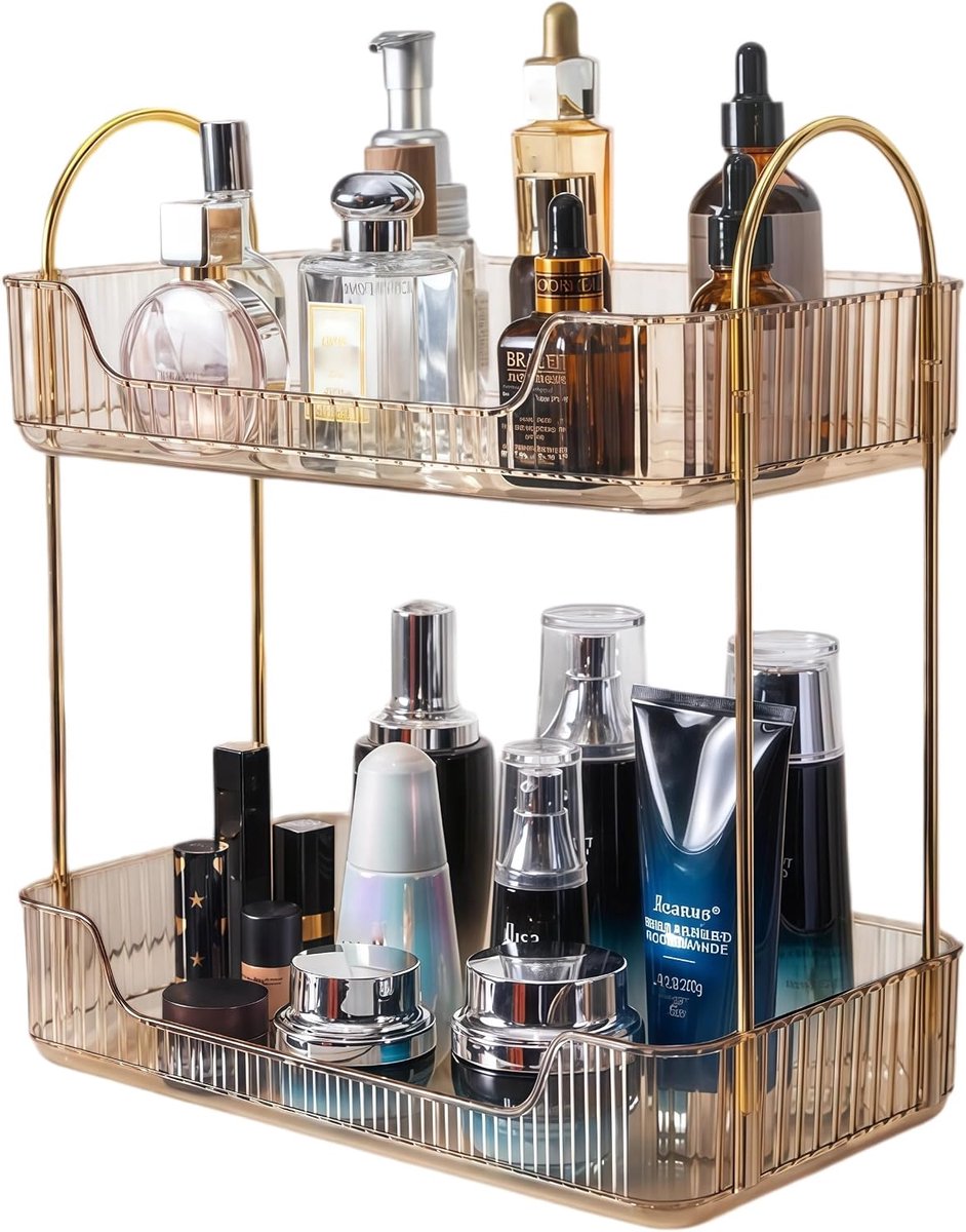 Make-upstandaard dubbellaags 33 cm - Ambergeel ijzer - Luxe organizer voor make-up en sieraden - ShopVlot