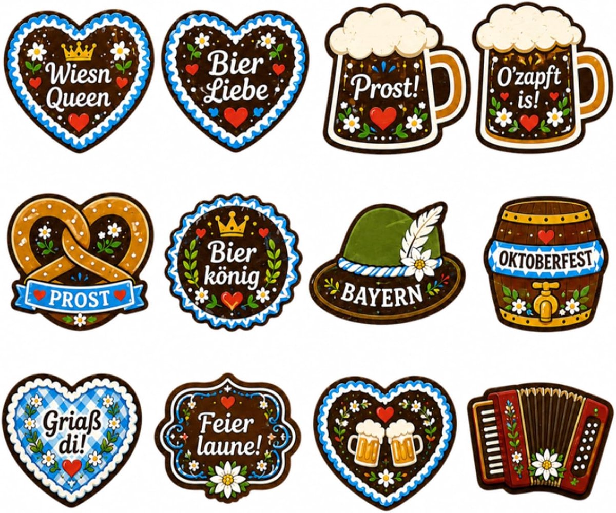 Oktoberfest-badges 12 stuks - vilten set - accessoires met peperkoekhart en bierpul - ShopVlot