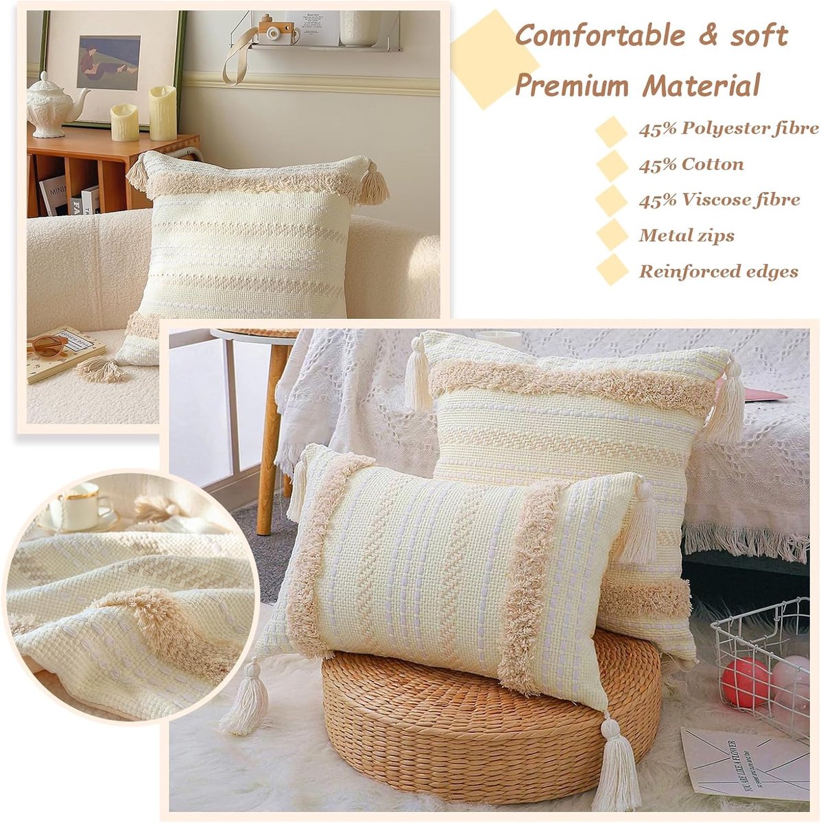Cushion Covers Set van 2 - Beige Decoratieve Kussens - Tuft Tassel - Verfraai je interieur - ShopVlot