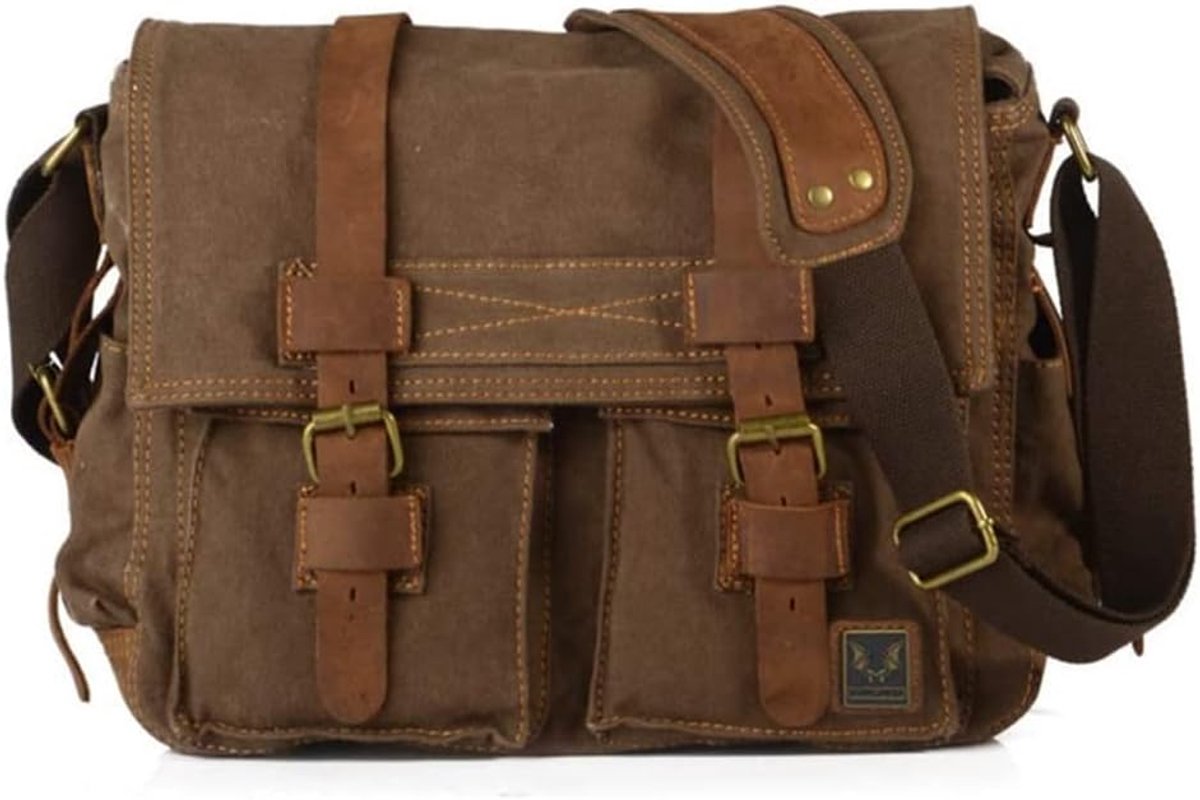 Schoudertas heren 35cm - canvas en leer - met meerdere vakken - ideaal voor dagelijks gebruik - ShopVlot