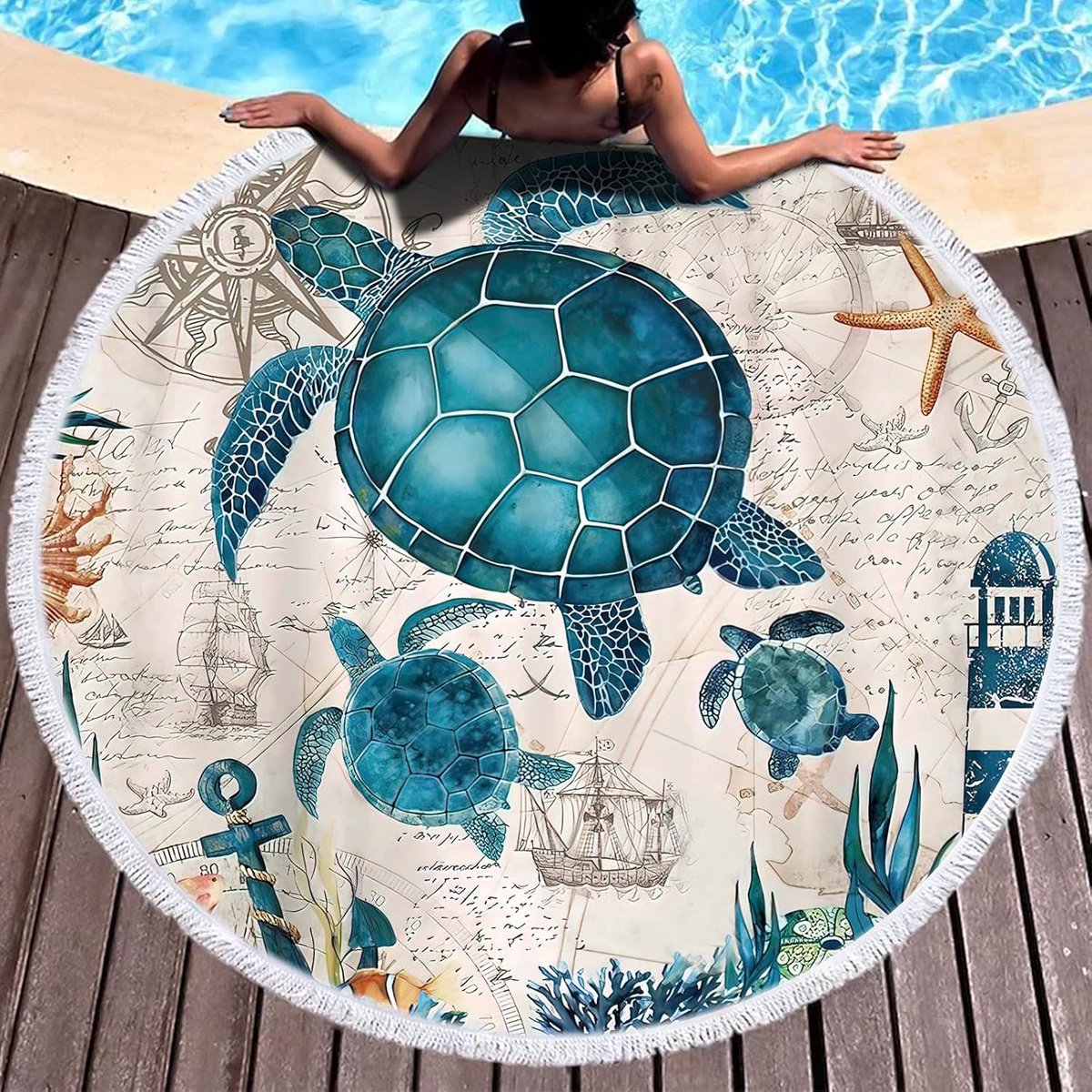 Ronde strandhanddoek 150 cm - microvezel - zeeschildpad - ideale picknickdeken - ShopVlot