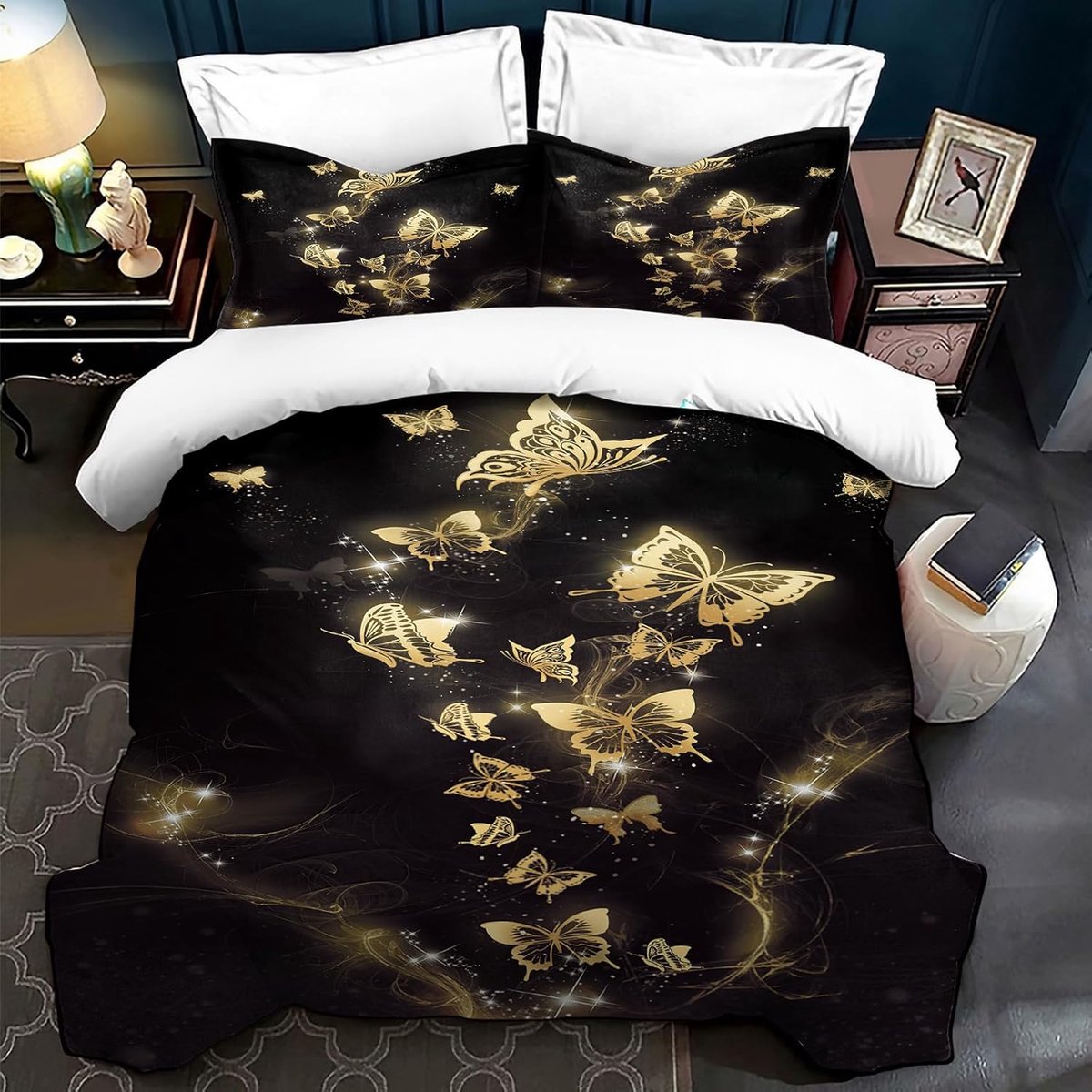 Dekbedovertrekset vlinder 135 x 200 cm - microvezel - zwart goud vlinderpatroon - superzacht en comfortabel - ShopVlot