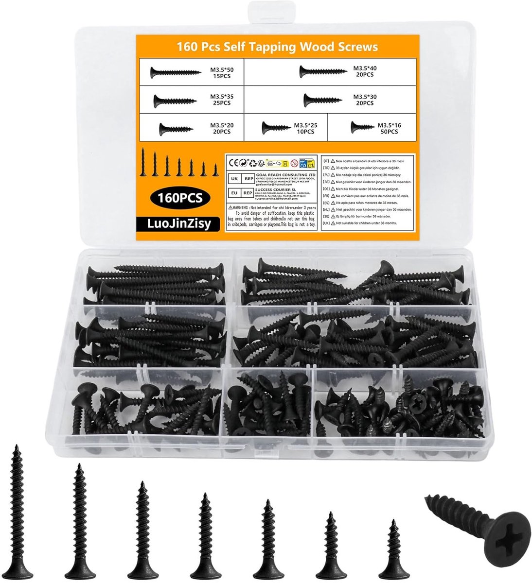 M3.5 houtschroeven 160 stuks - zwarte zelftappende schroeven - platte Philipskop - ideaal voor meubels en DIY - ShopVlot