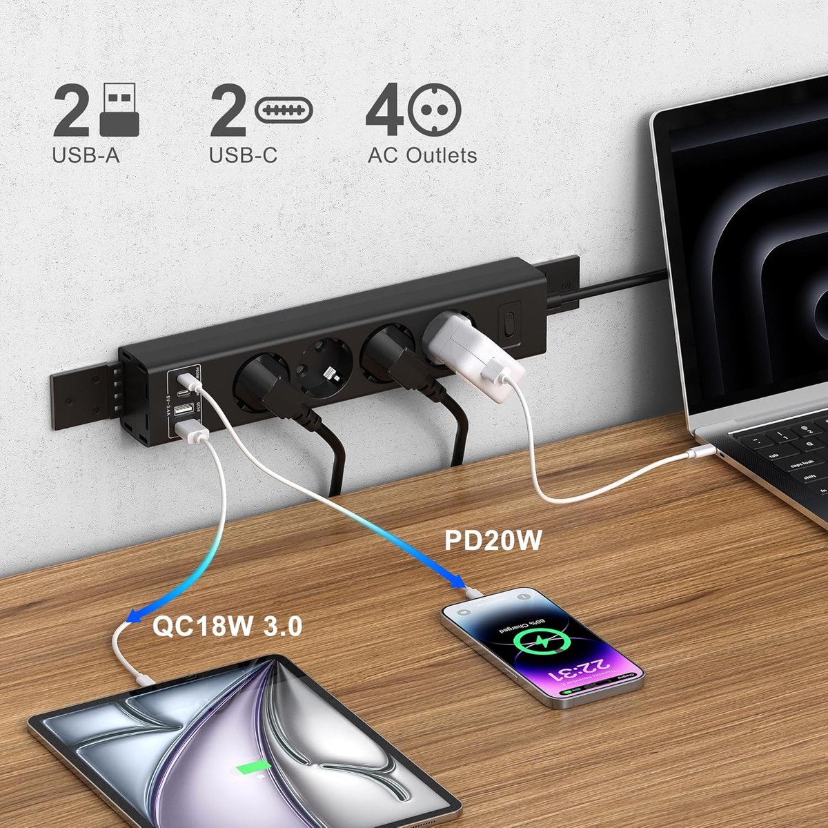Meerdere stopcontacten 2 m - robuuste kabel - USB-A en USB-C - ideaal voor snel opladen - ShopVlot