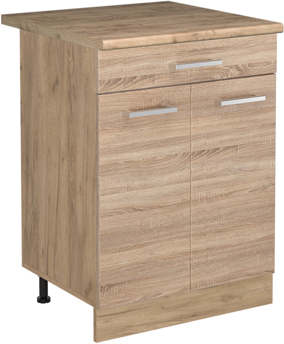Vicco Keukenonderkast R-Line, Sonoma/Goudkleurig Eiken, 60 cm met lade goudkleurig eiken werkblad