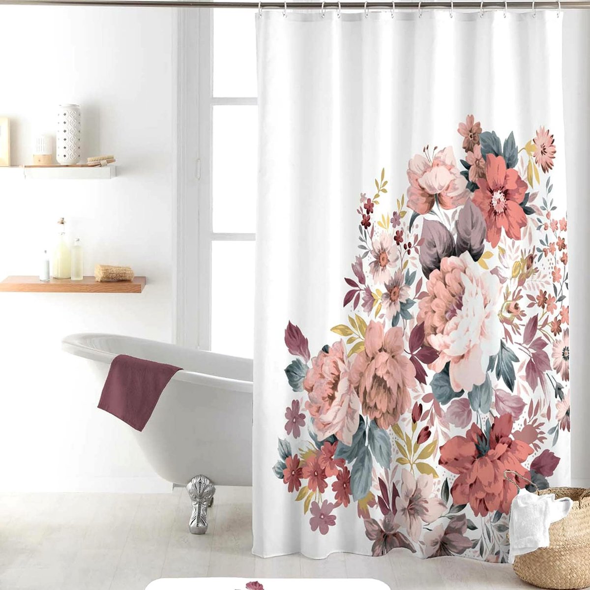 Douchegordijn 180x200 cm - textiel - wit kleurrijk bloemenpatroon - waterafstotend en wasbaar - ShopVlot
