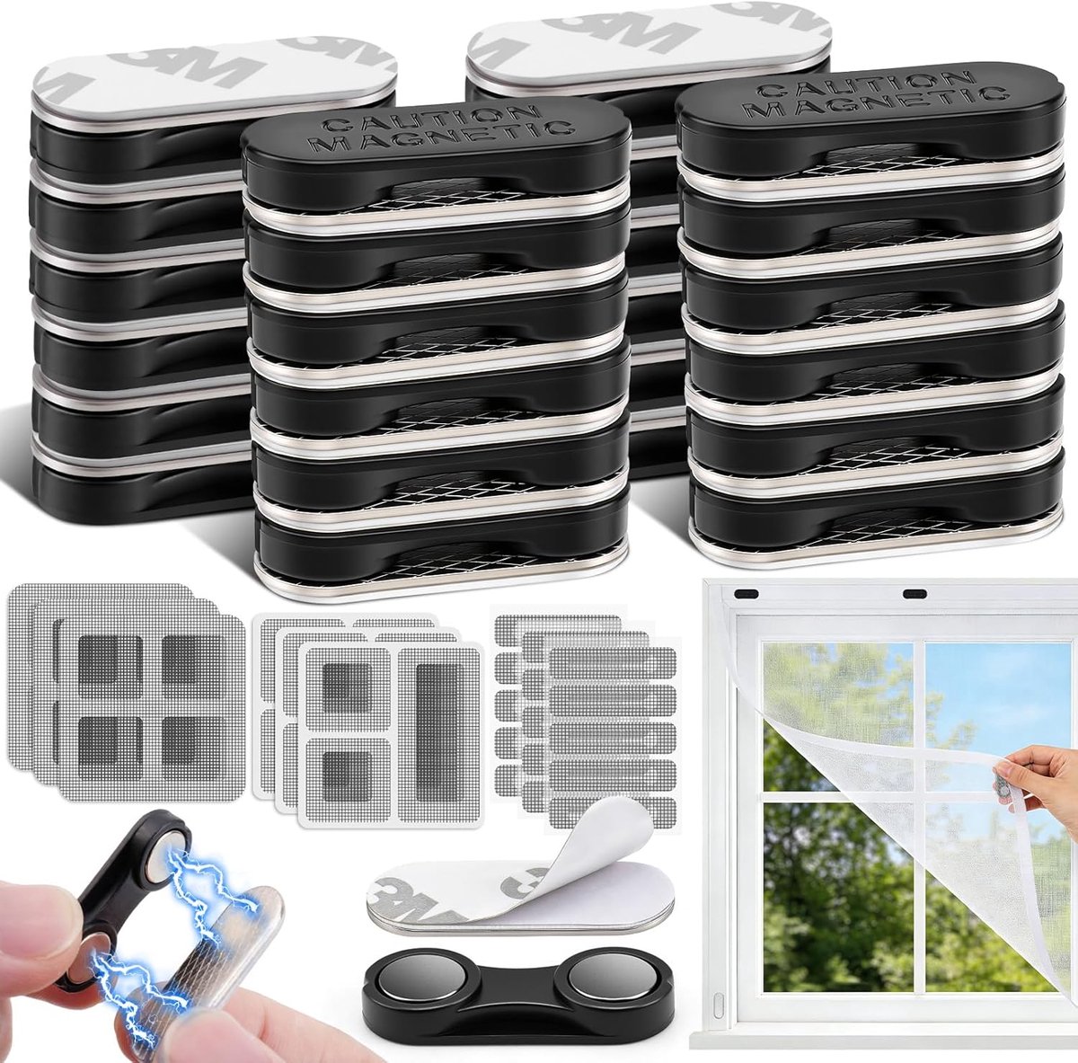 Vliegengaas 24 stuks + 9 stuks reparatieset - Zelfklevend magnetisch - Bevestiging zonder boren - ShopVlot