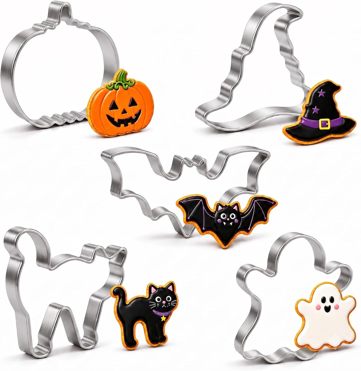 Koekjessnijders 5-delige set - roestvrij staal - pompoen, vleermuis, spook en kat - eenvoudig bakken voor Halloween - ShopVlot