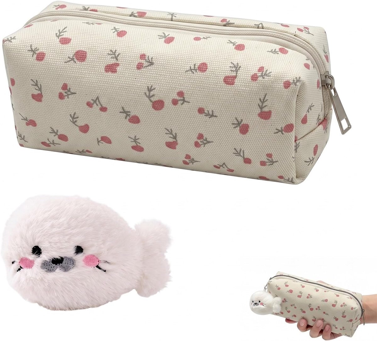 Pennenetui voor meisjes - bloemenpatroon - pluche zeehond hanger - stijlvol etui voor school - ShopVlot
