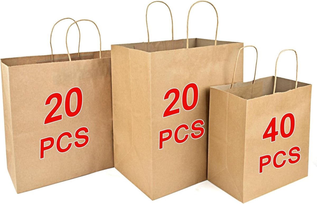 Papieren zakken met handvatten - gemengde maten - kraft 130 g/m² - ideaal voor cadeauverpakking - ShopVlot