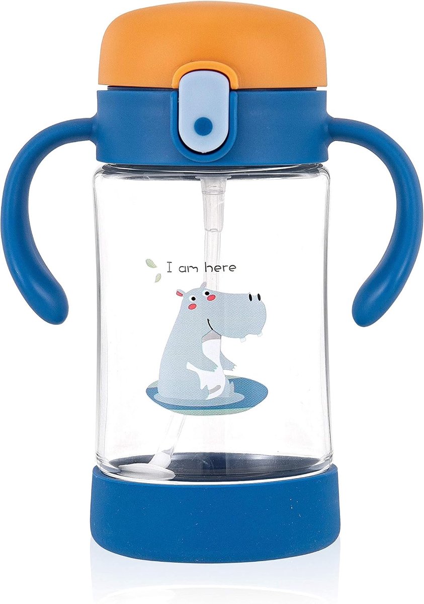 Plus Kiddy Cup met 360° verzwaard buigzaam rietje, lekvrij, Tritan - BPA-vrij babyproduct, zachte tuit, drukknop (Archie gelukkig nijlpaard Marine)