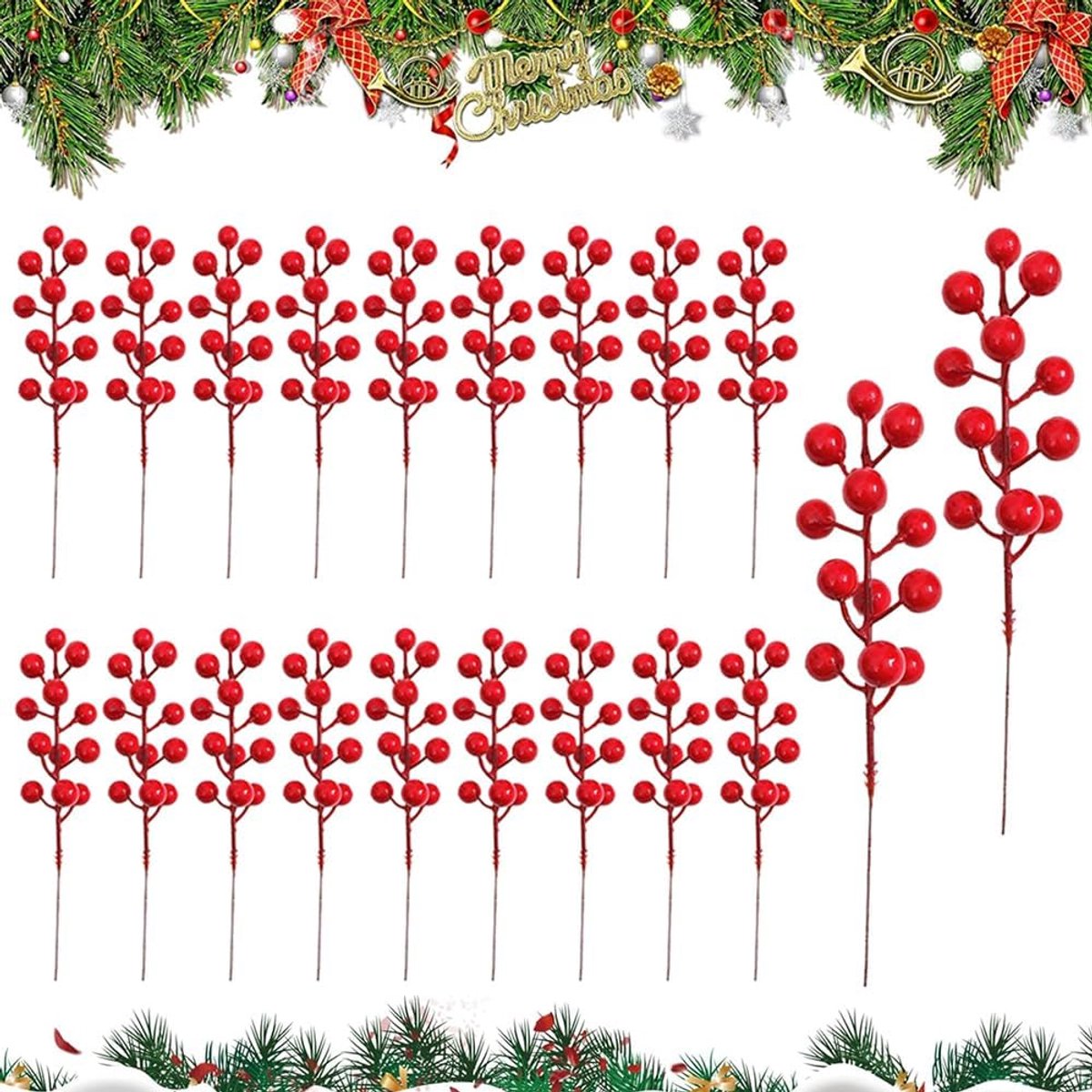 20 stuks ornamenten van rode bessen, hulst met rode bessen, kunstmatige rode bessen, kunstmatige rode bessen voor kerstslingers, kerstboomversiering