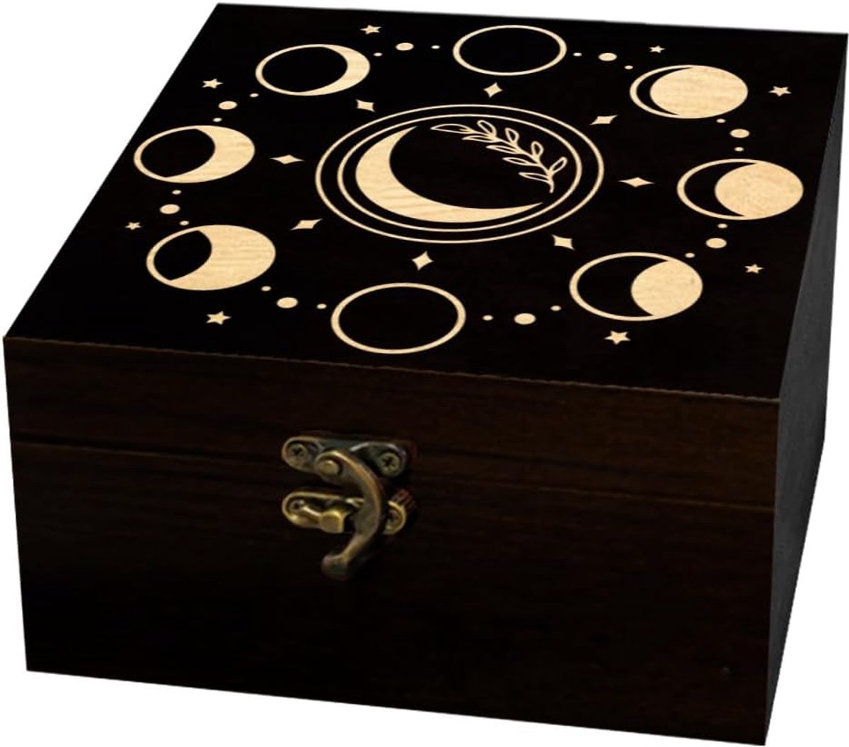 Arricraft 1 st Houten Souvenir Box, Maanfasen Patronen Decoratieve Opbergdoos Sieraden Organizer Gegraveerde Houten Memory Box met Deksels voor het Opslaan van Keepsakes en Cosmetica