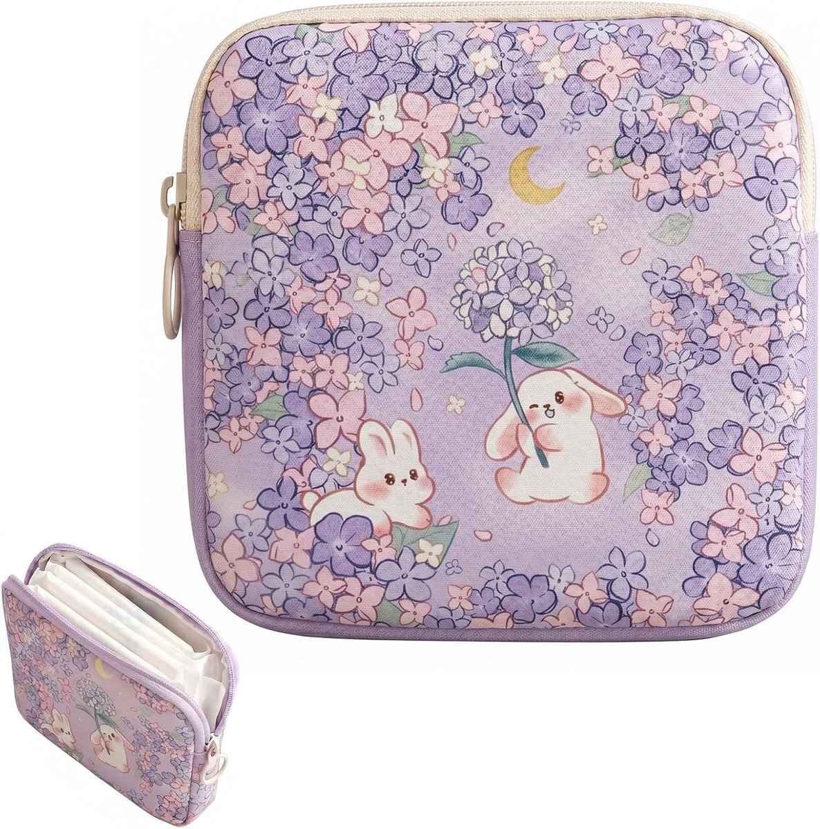 Toilettas van PU voor dames, opbergtas voor gezondheidsdoekjes, design met hortensia's en konijnen, draagbare en waterdichte organizer voor intieme verzorging, 12 x 12 cm, paars