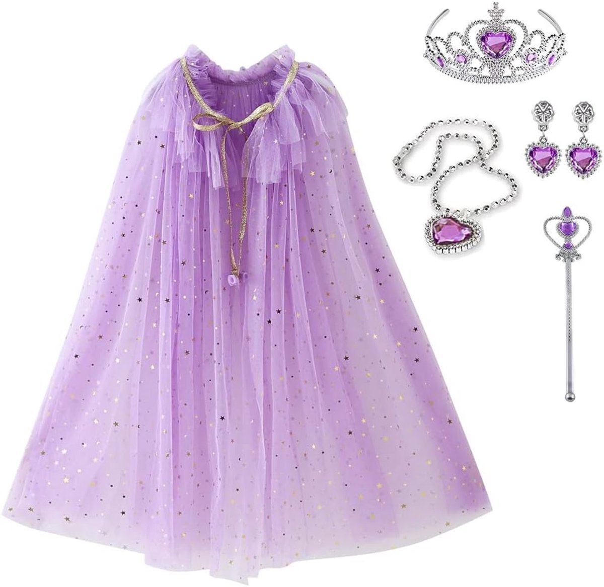 Skyllc Prinsessencape voor kinderen, tule cape pailletten voor meisjes, pailletten cape prinses met oorbellen halsketting kroon toverstaf (paars)