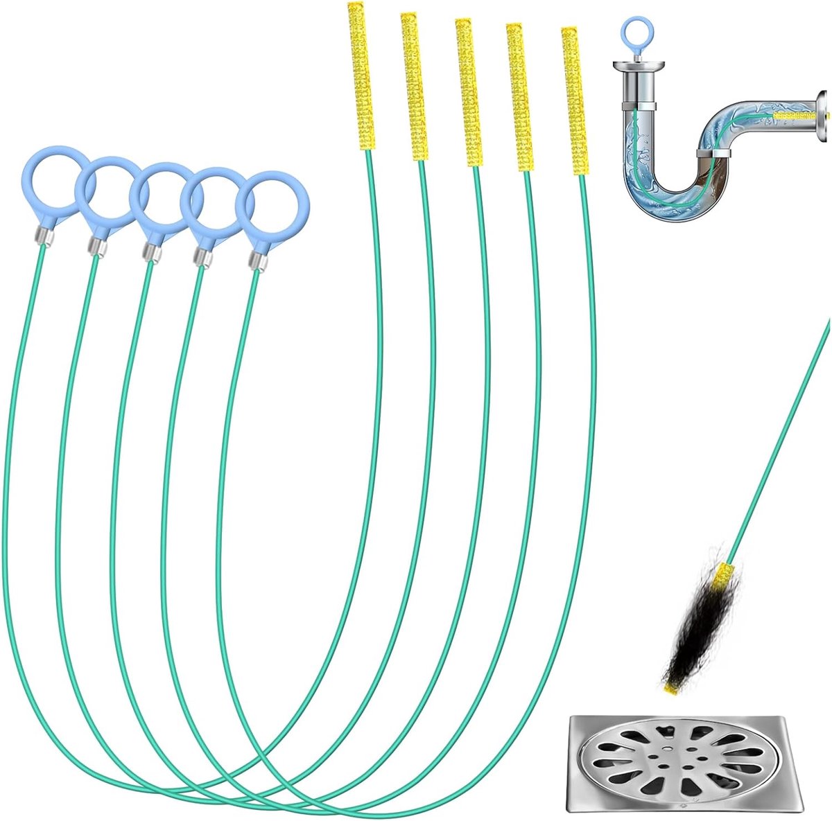Spiraalsticks, 5 stuks, afvoerspiraal, 100 cm, afvoerslang, anti-breuk, staal, nylon coating, afvoerafvoer, verstopt, haarverwijderaar, lange afvoerbuizen, reiniging voor keuken