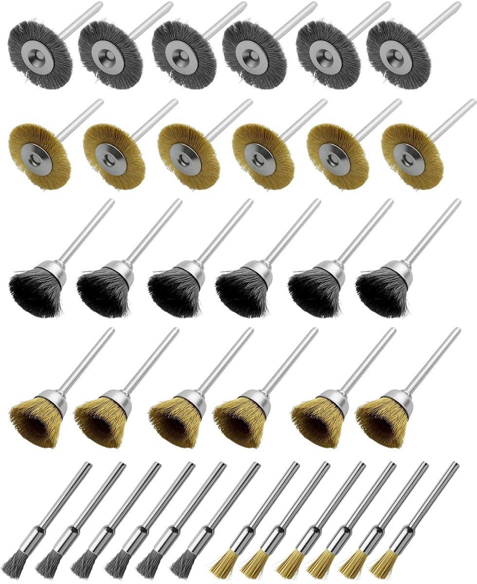 40 stuks messing en stalen borstel, polijstreiniging, draaigereedschap, 3 mm schachtborstel om te slijpen, messing borstels staaldraad borstel, voor buffing, draaigereedschap