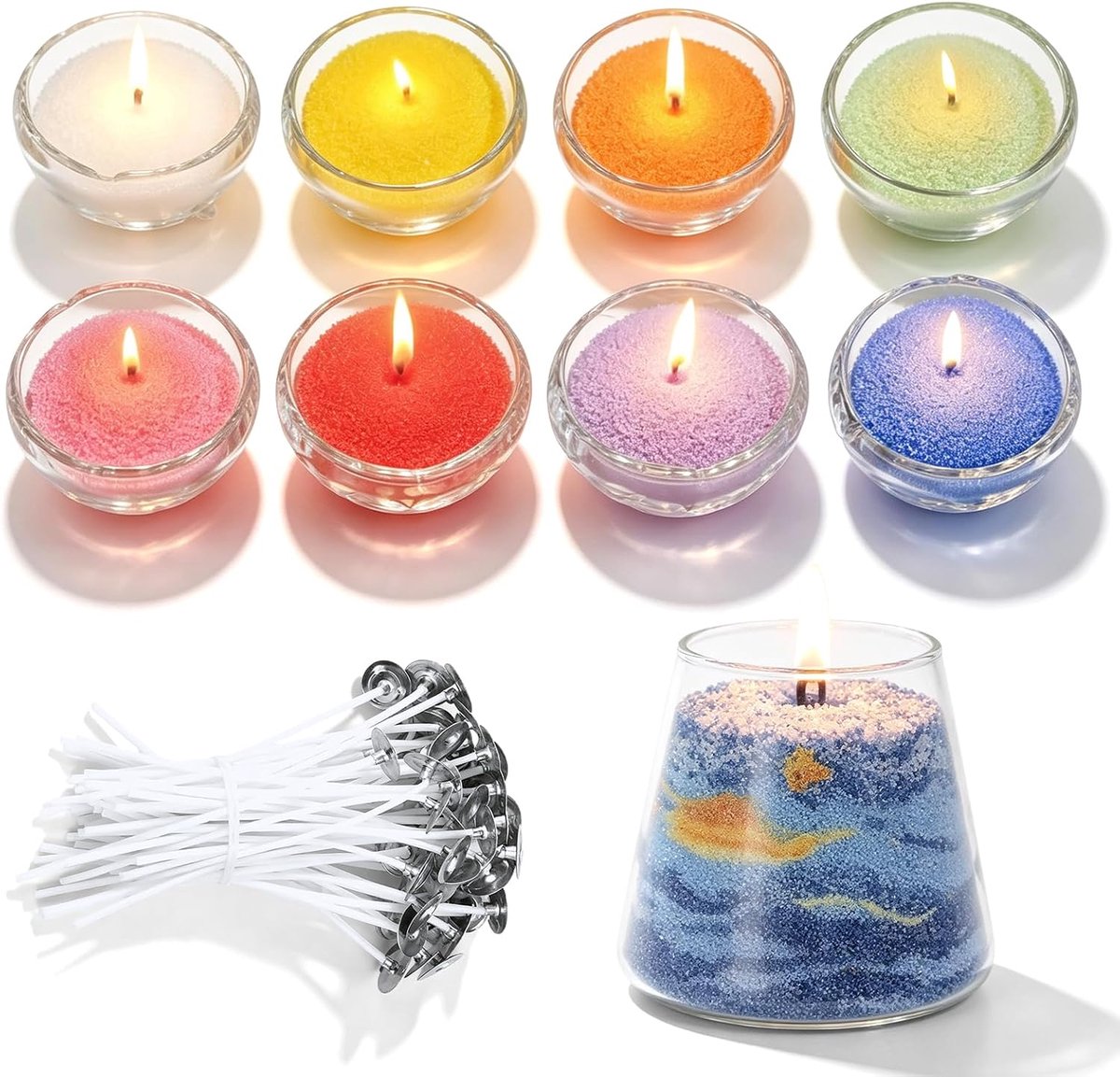 Kaarszand met lont: 8 kleuren kaarsenwasgranulaat, 800 g kaarsen zand, kaarsen zelf maken set, doe-het-zelf kaarsengranulaat set, wasgranulaat voor waxkaarsen zelf maken (10 kaarslonten 10 cm