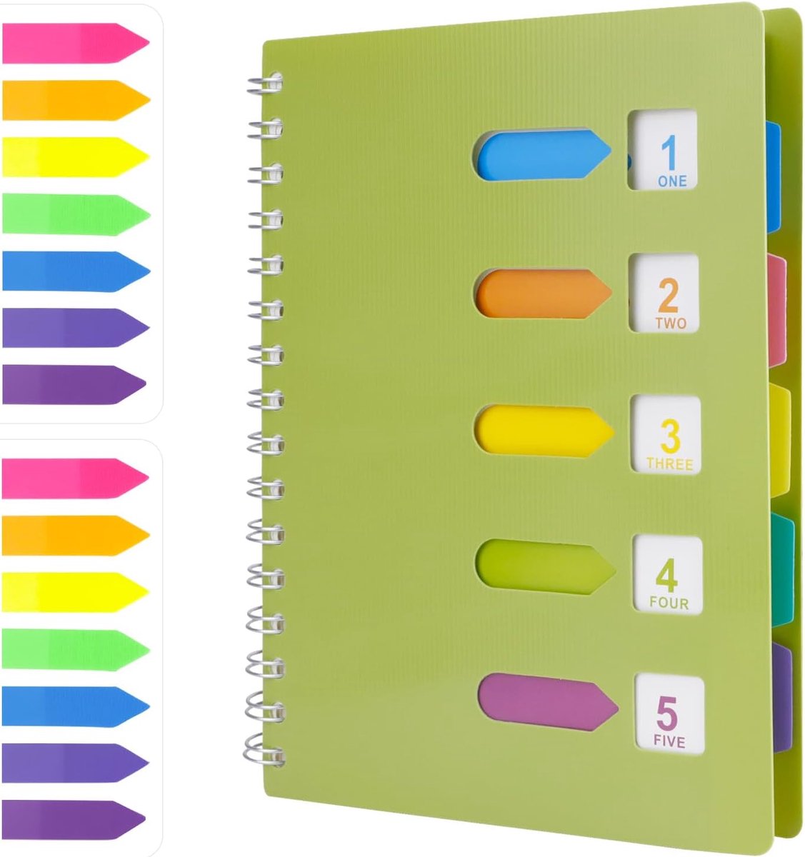 Notitieboek, A5, spiraalblok, 5 indextabs, notitieblok met 5 gekleurde verdelers, notitieblok, dagboek, spiraalblok, ringblokken voor school, kantoor, reizen, notities (groen)