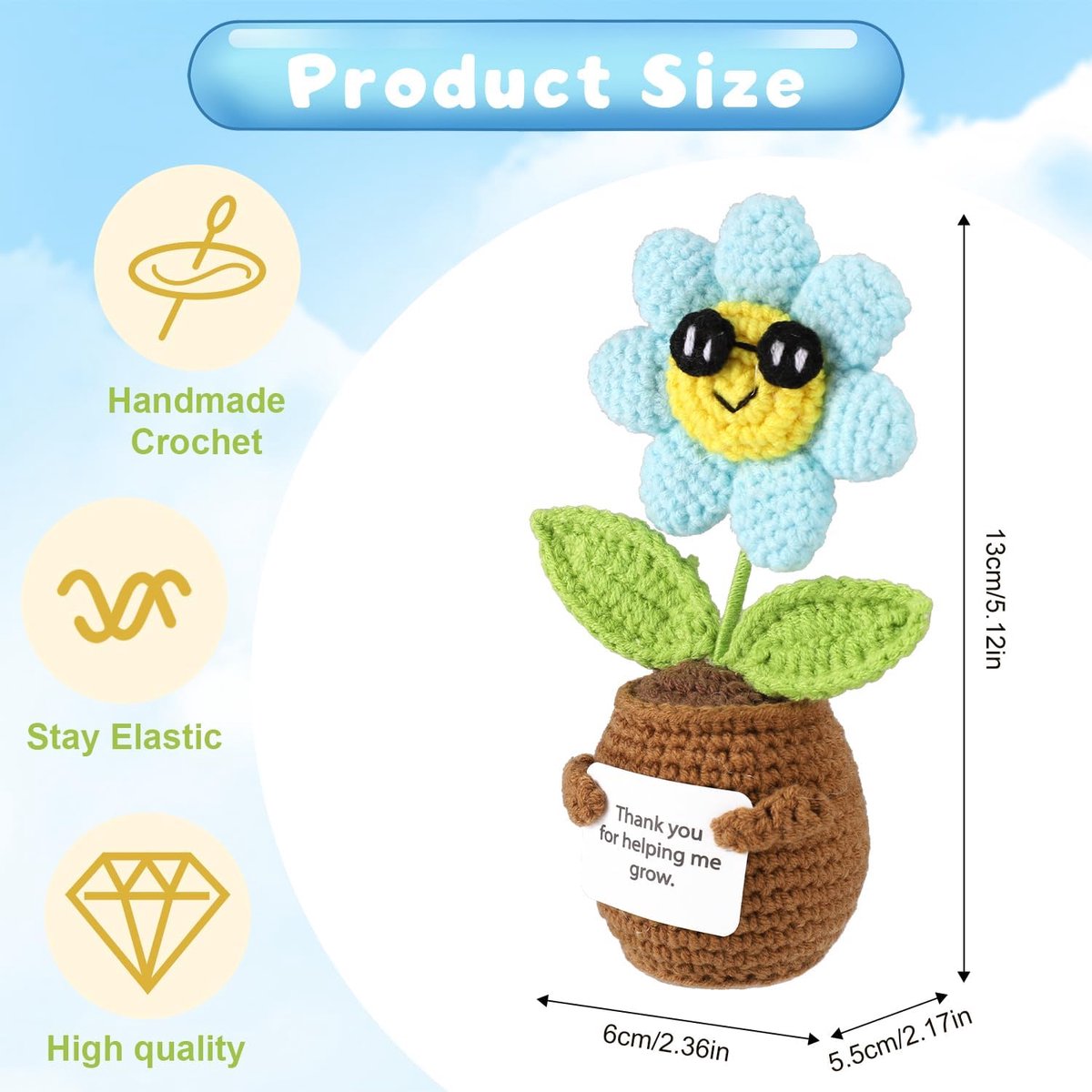 Positieve Zonnebloem Haakwerk, Schattige Grappige Haak Zonnebloem met Kaart Bedankt voor het Helpen Groeien Emotionele Pluche Positieve Steun Gebreide Planten voor Studenten Volwassenen